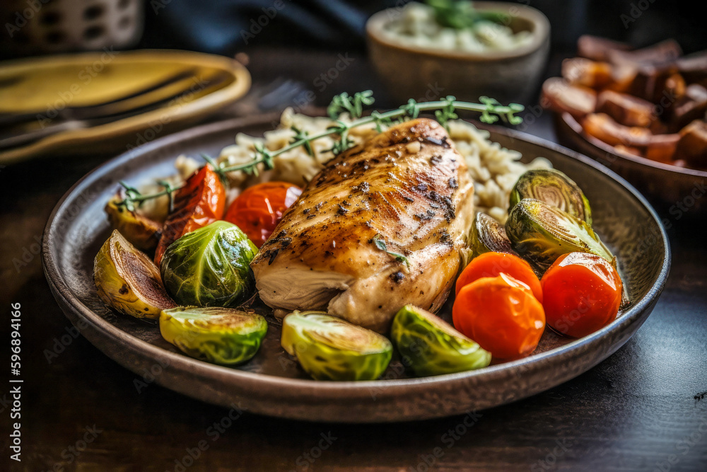 Roast chicken breast with rice and vegetables on rustic wooden table Roast chicken breast with rice and vegetables on rustic wooden table