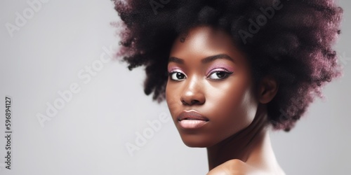 Woman with dark beautiful skin and afro hair over white background with copy space. Close up head shot portrait. Generative AI