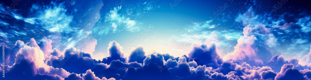 Colorful cloudy sky with many clouds and stars, fantastical cloudscapes. Generative Ai.