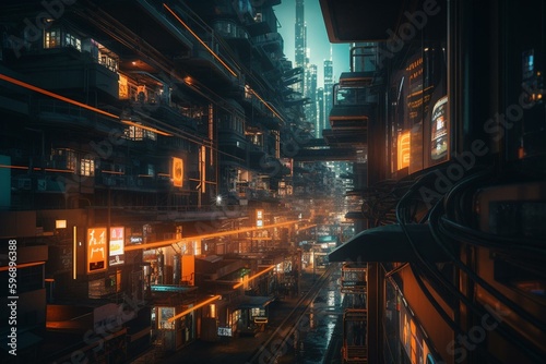 Description: A futuristic city with green and orange neon lights at night, featuring advanced architecture. Generative AI