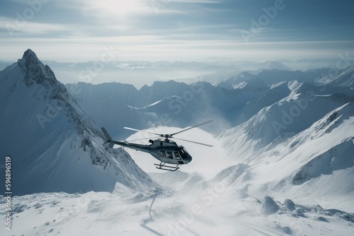 Pilots and helicopter in snowy Alaskan mountains for skiing, with aerial views and sky backdrop. Generative AI