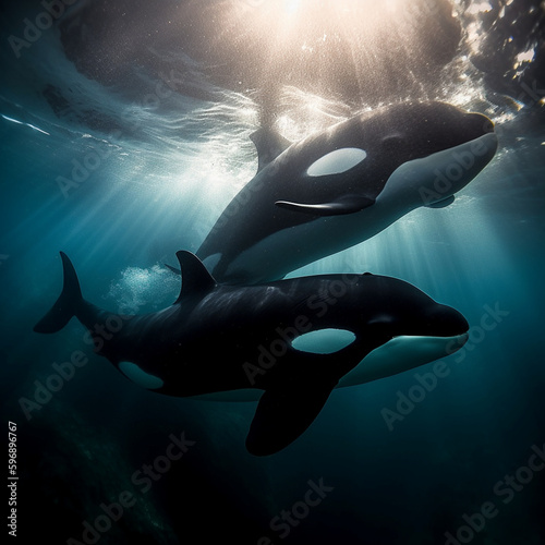 Captivating Underwater Photograph of Two Orcas Swimming Together