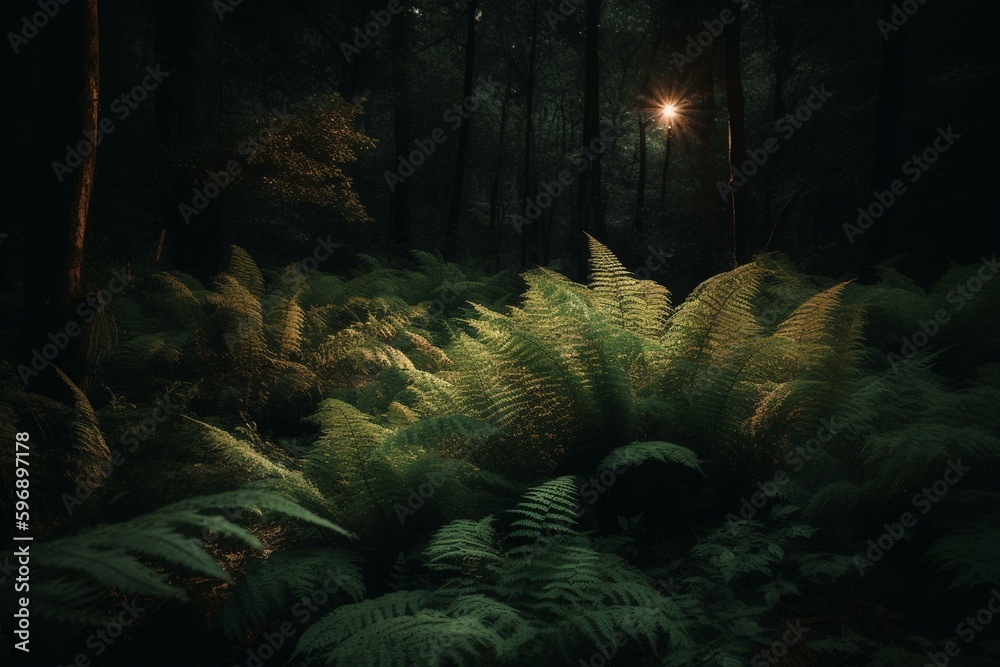 Lush ferns amidst the woods, a summer night. Generative AI