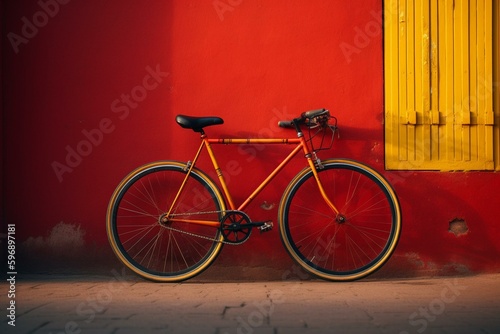 Fixed gear urban bike against red and yellow wall. Generative AI
