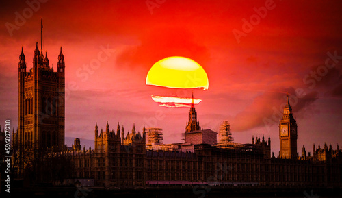 Photography big ben and shining orange sun heat wave in London