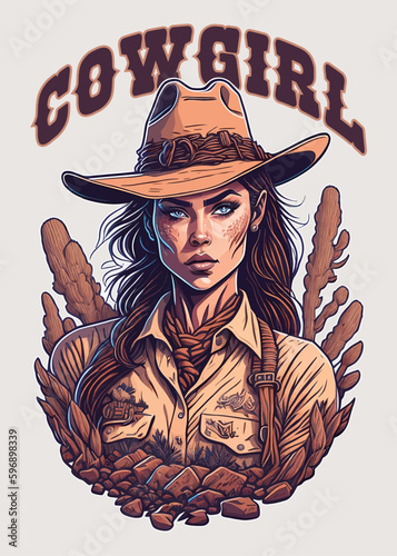 Beautiful cowgirl. Artwork design, illustration for T-shirt design, printing, poster, wild west style, American Western.