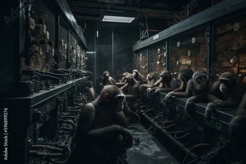 Numerous primates using machines in a confined space. Generative AI