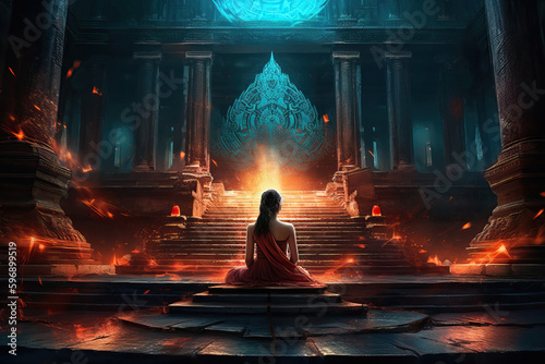 A woman in lotus position at temple, fire elements in background, Generative AI photo