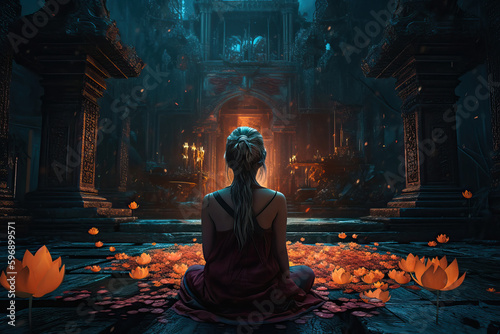 A woman in lotus position at temple surrounded by lotuses, Generative AI photo
