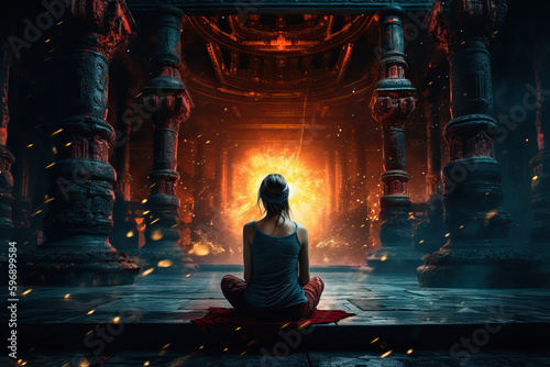 A woman in lotus position at temple, fire elements in background, Generative AI photo