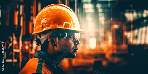 Double exposure of Engineer with safety helmet with oil refinery or gas industry plant background, digital ai