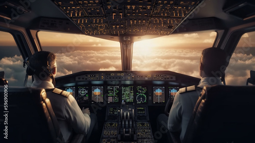 Cockpit of airplane inside view, pilots in flight deck of modern aircraft, generative AI photo