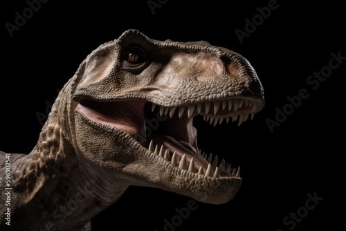 roaring dinosaur with its mouth wide open in a prehistoric landscape. Generative AI © 2rogan