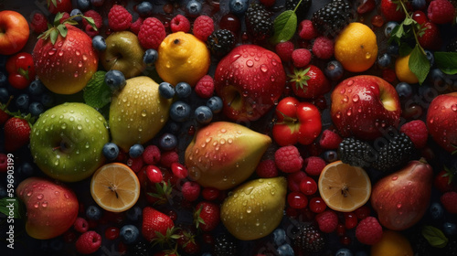 Solid background from different fruits with drops of water on them created with generative AI technology