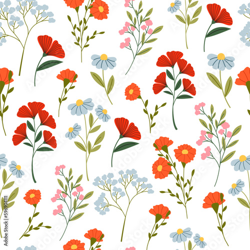 Seamless floral pattern vector flat illustration. Wildflowers repeating print.