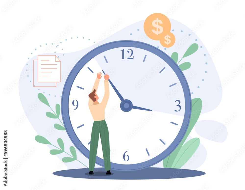 Turn back time concept. Man with clock moves arrow back. Summer and winter time. Businessman wants to use every minute. Financial literacy and income, earnings. Cartoon flat vector illustration Turn back time concept. Man with clock moves arrow back. Summer and winter time. Businessman wants to use every minute. Financial literacy and income, earnings. Cartoon flat vector illustration