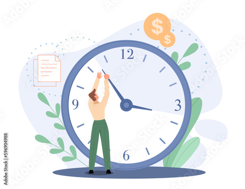 Turn back time concept. Man with clock moves arrow back. Summer and winter time. Businessman wants to use every minute. Financial literacy and income, earnings. Cartoon flat vector illustration