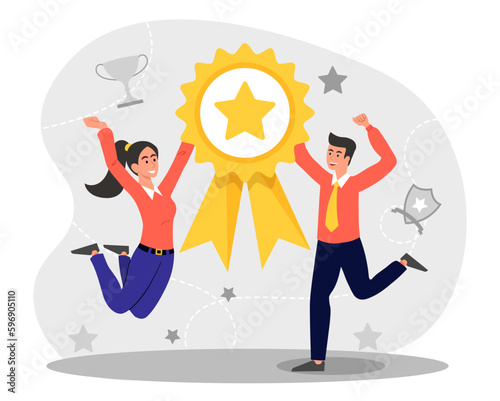 Winning team concept. Man and woman rejoices with gold medal in their hand. Award, reward and trophy, achievement, victory. Best employees, successful workers. Cartoon flat vector illustration
