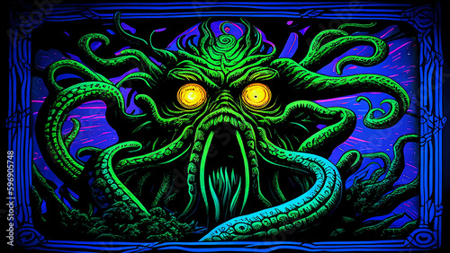 Chuthulu cthulhu sea monster nightmare elder god, Lovecraftian horror sea monster beast in groovy blacklight poster style, awesome epic fantasy art in neon colors (generative ai, ai)