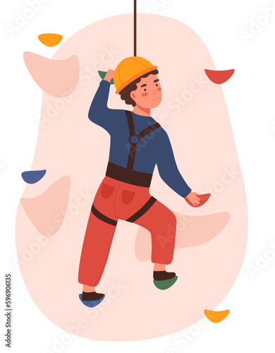 Boy climbing concept. Child engaged in mountaineering. Extreme sports and active lifestyle. Hobby and leisure. Character clinging to mountain ledges