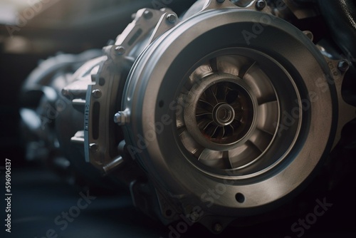 Turbocharger for vehicles, 3D modeled. Generative AI © Astraea