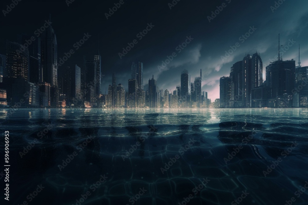 Futuristic city drowned by the sea. Generative AI