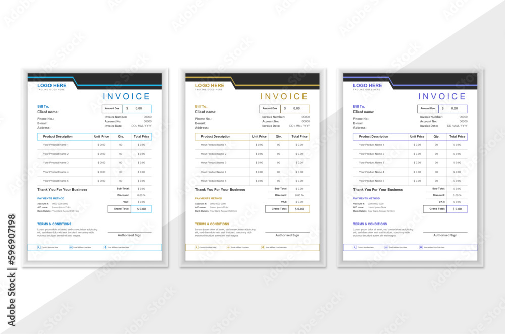 Fototapeta premium Invoice design template. Modern and professional invoice layout. Attractive shapes and interesting color variations, Vector illuatration.
