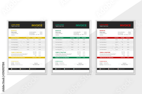 Professional Business invoice template in attractive variation of green, yellow and red colors between white and black colors.