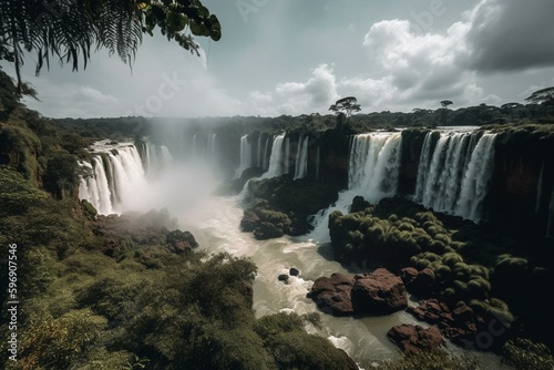 View of Iguazu Falls from Brazilian National Park. Generative AI