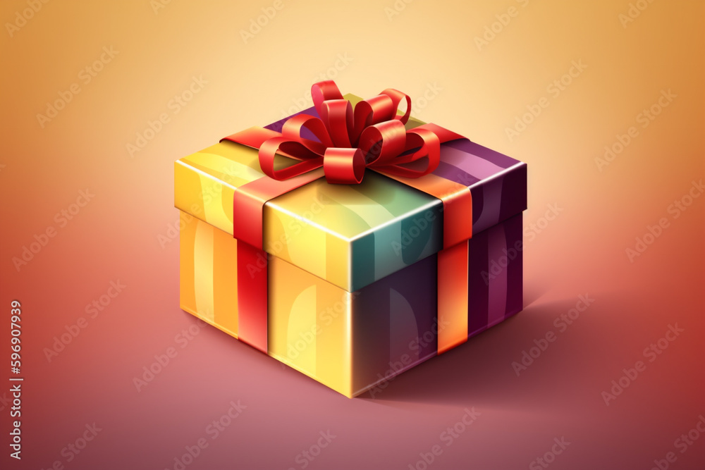 buntes Geschenk mit roter Schleife auf gelb-rotem Hintergrund. Querformat. Generative Ai. buntes Geschenk mit roter Schleife auf gelb-rotem Hintergrund. Querformat. Generative Ai.