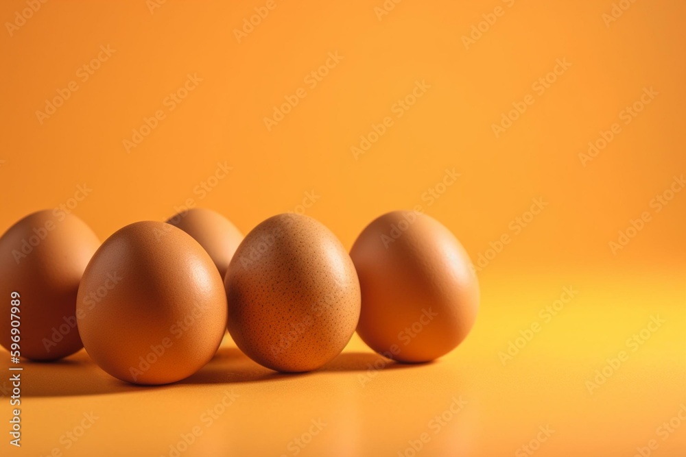 Close-up of brown eggs on yellow background. Generative AI