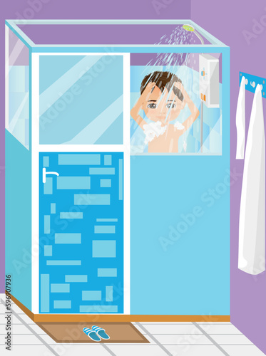 boy taking a shower in the bathroom