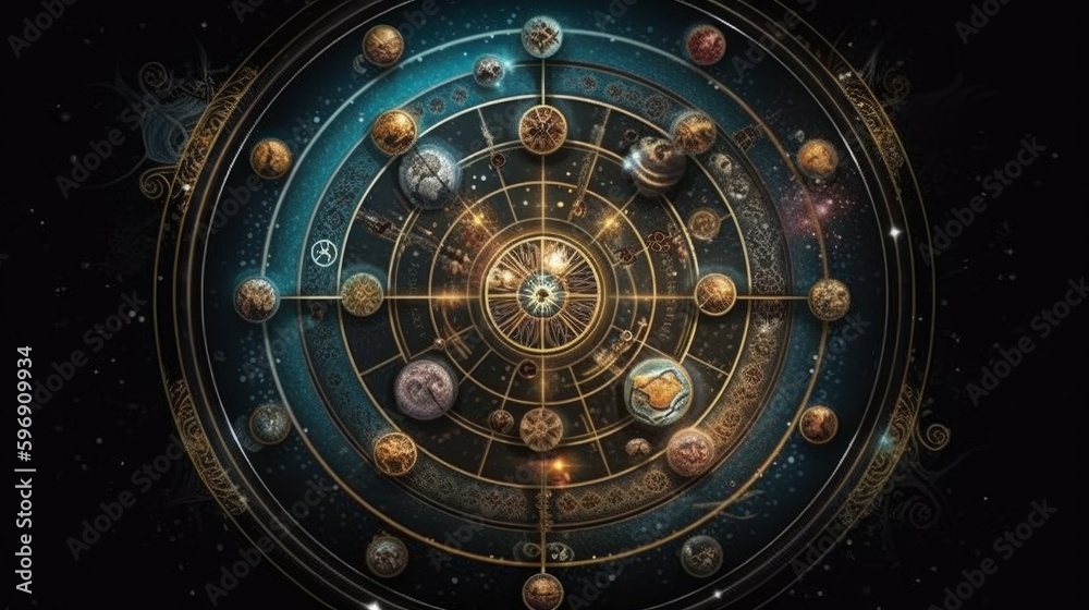Naklejka premium An astrology chart with planetary alignment illustration. Generative AI. 