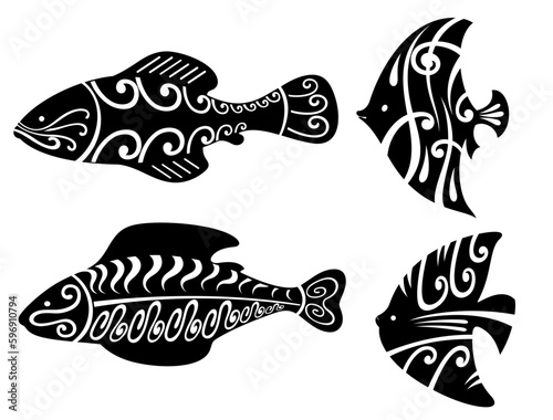 Tribal ocean fish. Collection of ethnic tropical ocean underwater  fishes. Polynesian marine inhabitants. Tattoo. Vector illustration of Hawaiian fish on a white background