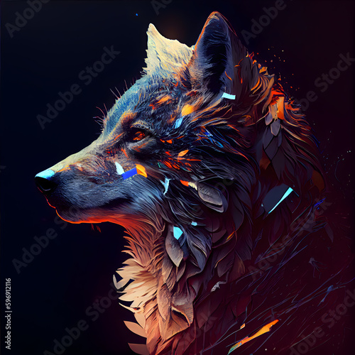 Digital Illustration of a Wolf in Futuristic Style. 3D Rendering