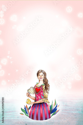 Illustration of woman manifesting abundance, love and health, with heart in hand and in vintage dress, emotions and feelings, type of greeting card, quotes
