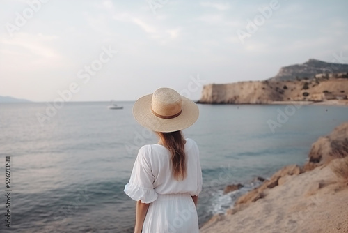 Young woman in a white long dress in front of a sea. Generative AI © lanych