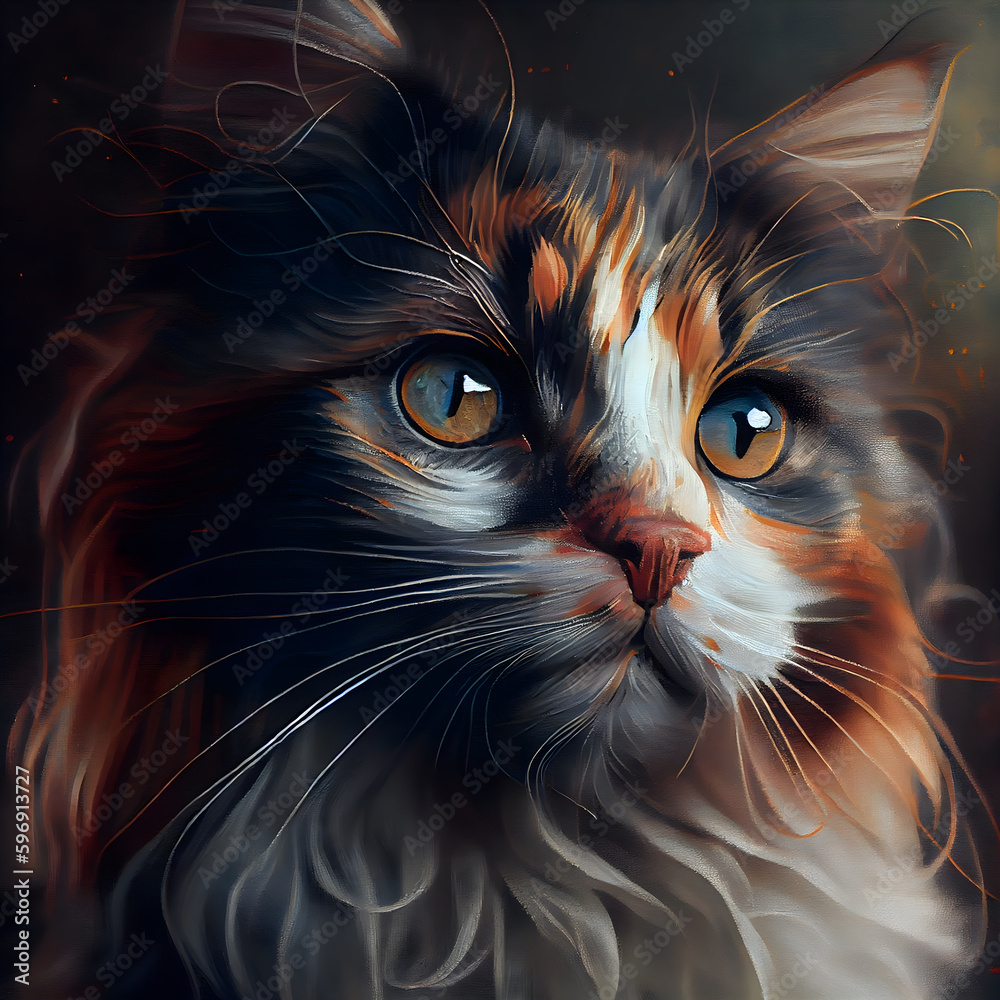 Portrait of a cat with orange eyes. Digital painting on canvas.
