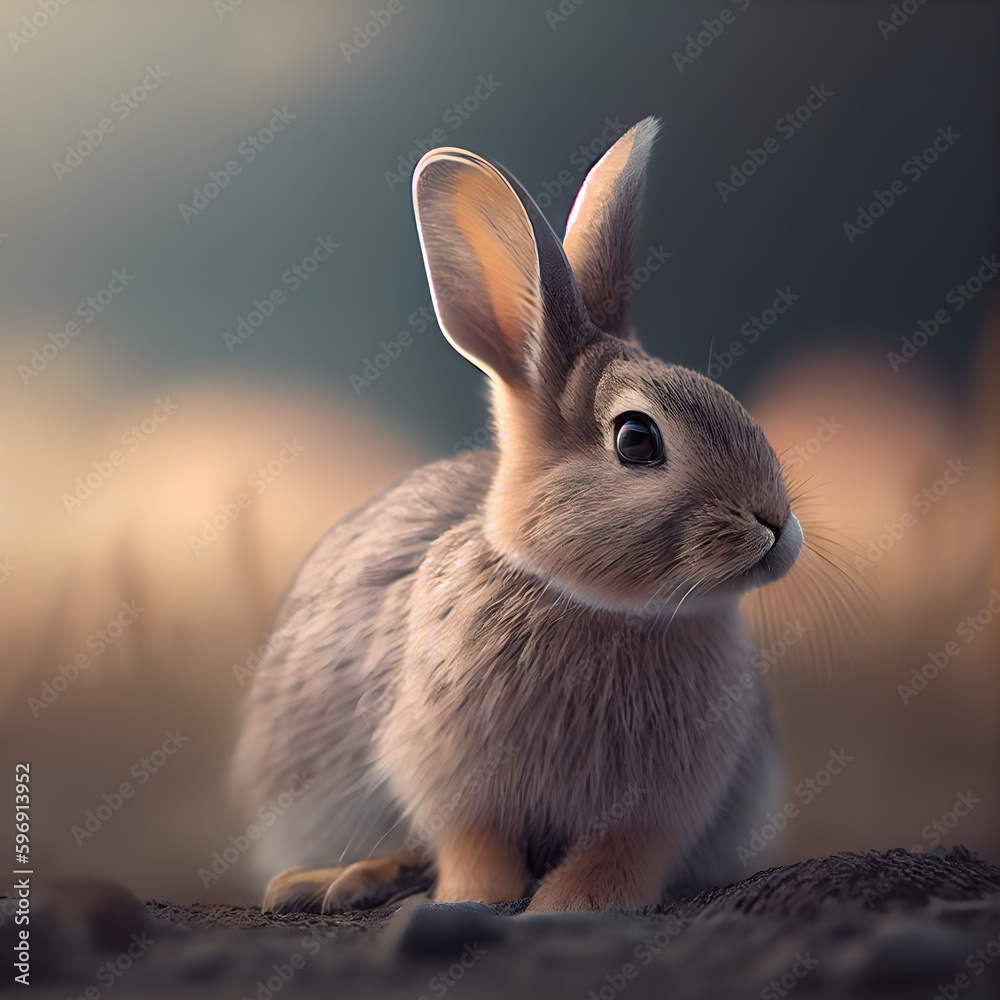 Cute rabbit on a meadow at sunset. Easter concept.