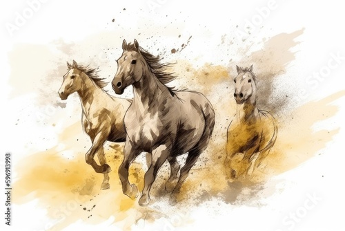 three galloping horses in a row on a plain white background. Generative AI © 2rogan