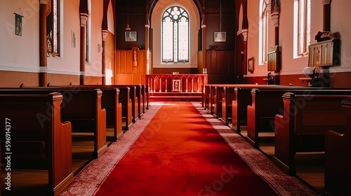  Interior of church  pews and cross in a church. Generative AI 
