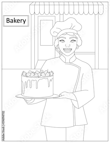 Coloring page of black woman baker with cake in front of bakery isolated on white background