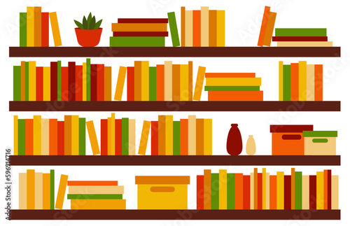 Bookshelves with books, boxes and vases flat vector illustration isolated on white background