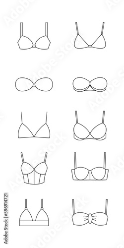 Set of line vector drawings  of women's bra isolated on white background