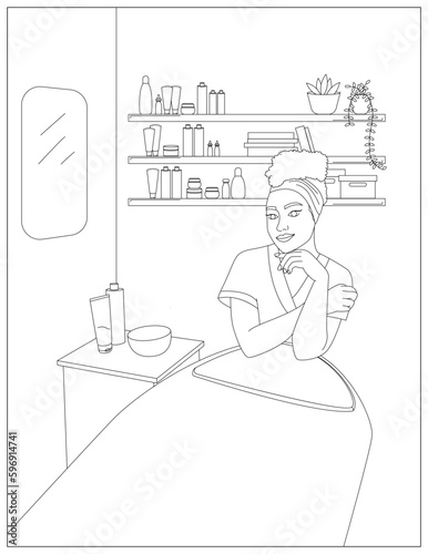Coloring page of black woman cosmetologist in beauty salon isolated on white background