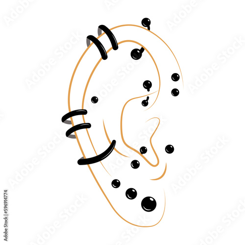 Line drawing of pierced ear with different types of perforations flat vector