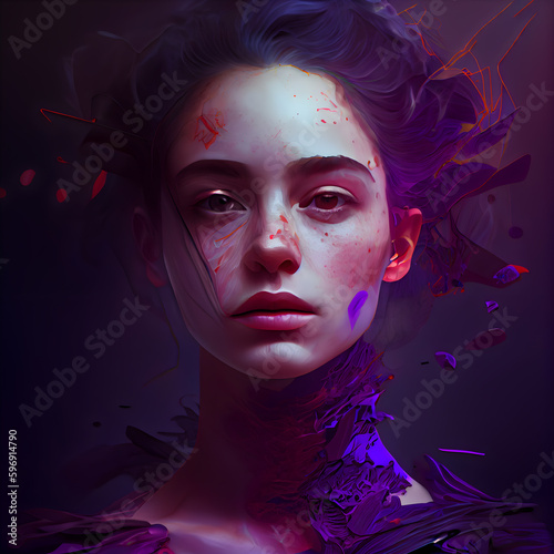 Fashion art portrait of beautiful woman with creative make up and blood on her face.