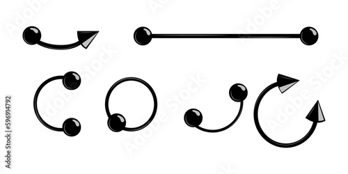 Set of different kind of rings for piercing flat vector illustration isolated on white background