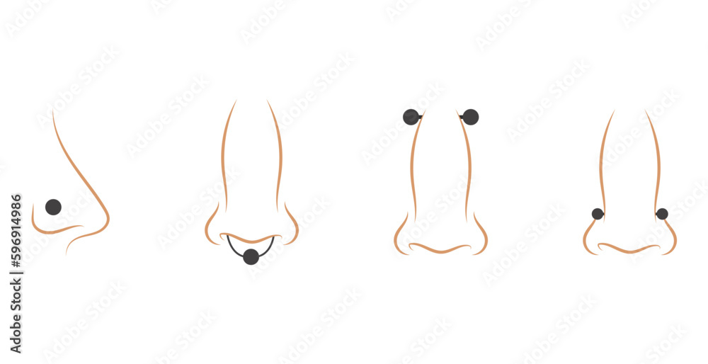 Line vector illustration of different kinds of piercing in nose on white background Line vector illustration of different kinds of piercing in nose on white background