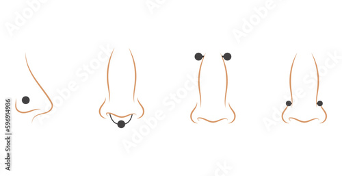 Line vector illustration of different kinds of piercing in nose on white background